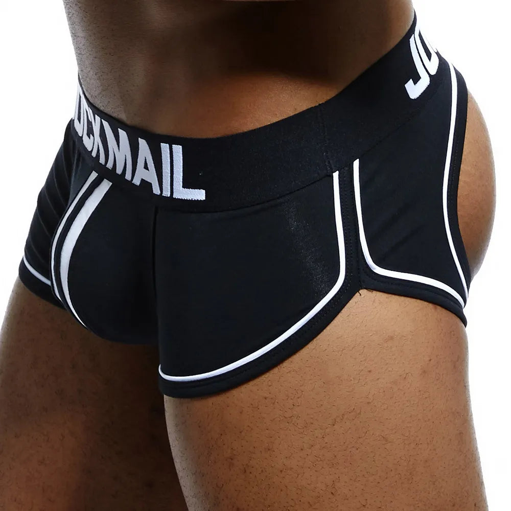 JOCKMAIL marca hombres ropa interior Boxer shorts espalda descubierta nalgas algodón Sexy espalda abierta hombre Gay calzoncillos suspensorio cuecas sissy baúl