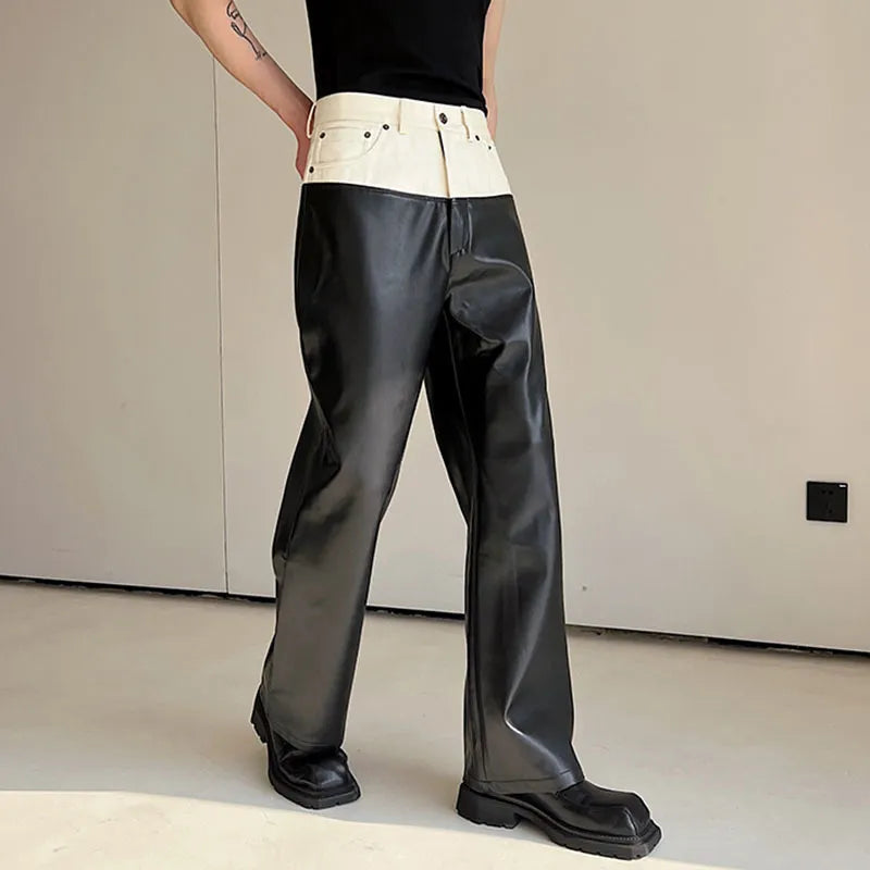 IEFB-Pantalones rectos versátiles con contraste de Color de cuero PU a juego vaqueros de diseñador pantalones masculinos de pierna ancha High Street 9A7434 2023
