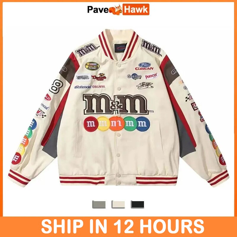 Chaqueta Bomber para hombre y mujer, abrigo de béisbol holgado con bordado de M &amp; M de Hip Hop para motocicleta, prendas de vestir universitarias de carreras callejeras informales de alta calidad
