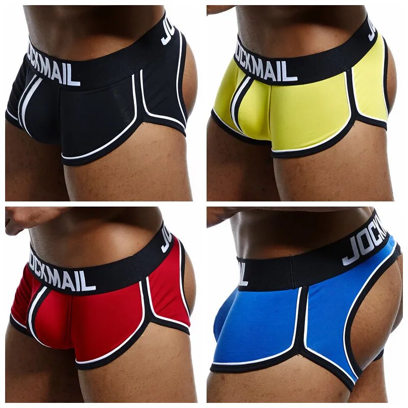 JOCKMAIL marca hombres ropa interior Boxer shorts espalda descubierta nalgas algodón Sexy espalda abierta hombre Gay calzoncillos suspensorio cuecas sissy baúl