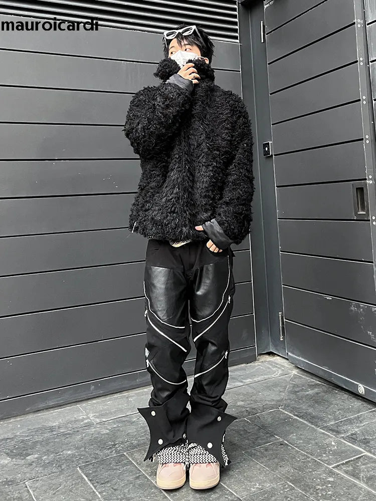 Mauroicardi primavera outono longo preto retalhos calças de couro do plutônio dos homens com muitos zíperes roupas designer luxo modas